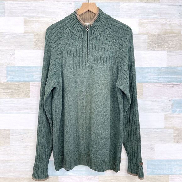 Columbia Chunky Ribbed 1/4 Zip Raglan Sleeve Sweater Green Cotton Mens Large - Picture 1 of 7